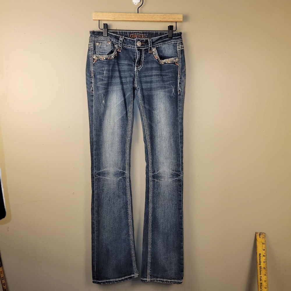 Grace in LA Jeans Women Size 28 Bootcut Medium Wash Embellished Pocket...